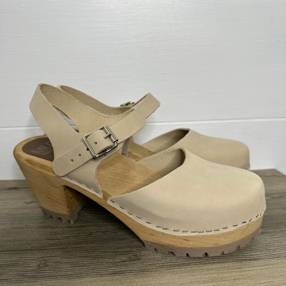 Women's Beige Leather Clog Sandals with Buckle Strap